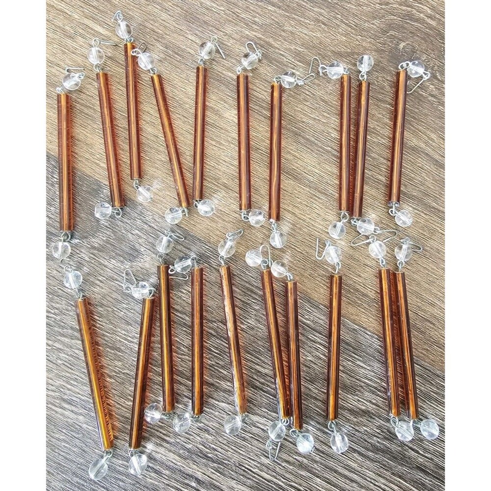 Chandelier 20 Tube or Stick Drops Amber Color 4” Long with 2 Round Beads & Hook